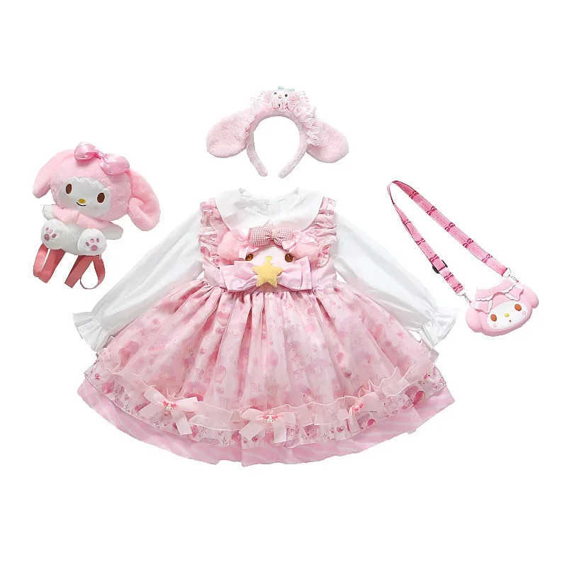 Sanrio 2024 Sanrio Cosplay Melody Lolita Princess Dress Summer Childrens Costume Dress Puffy Skirt Suit Cute Girl Birthday Kawaii Gift XJ250618