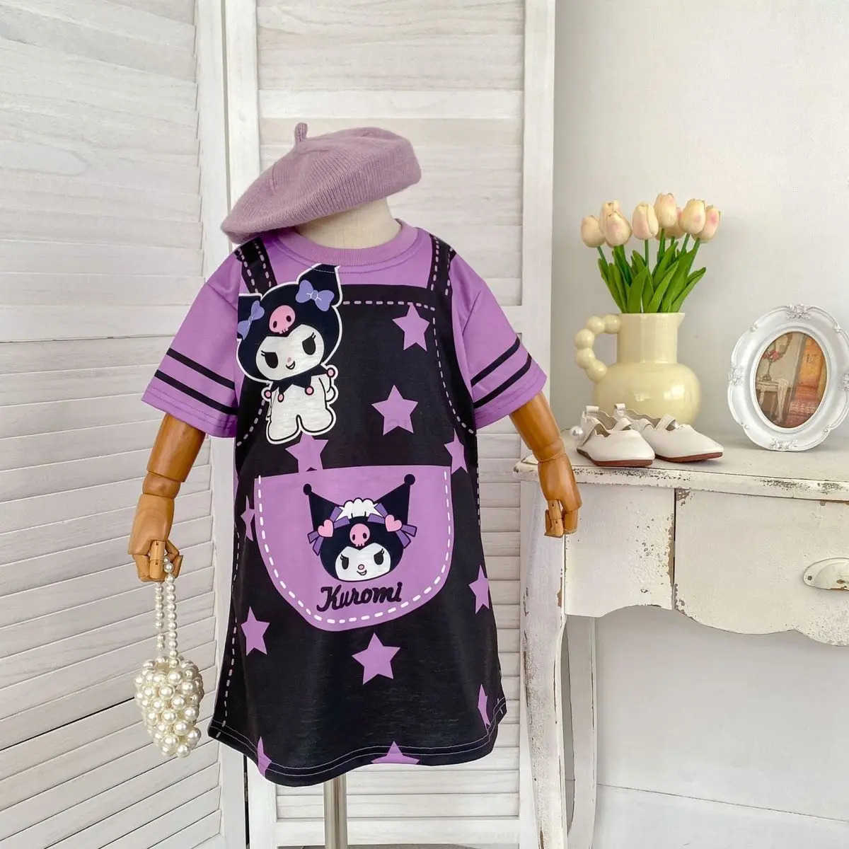 Sanrio Cute Casual Girls Dress 2025 Summer Children Cartoon Sanrio Short Sleeve Kuromi Dresses Toddler Sweet Princess Dresses ClothesXJ250618