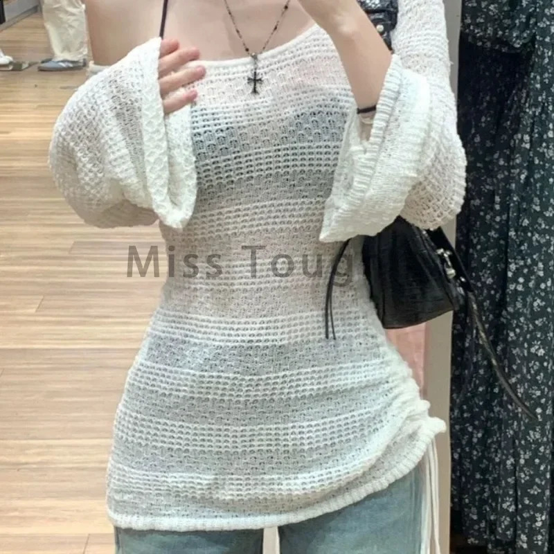 Autumn Sexy Mesh Long Sleeve Sweater Women Summer French Hollow Thin Sunscreen Tops Korea Chic Knitted Casual Beach Pullover 250614
