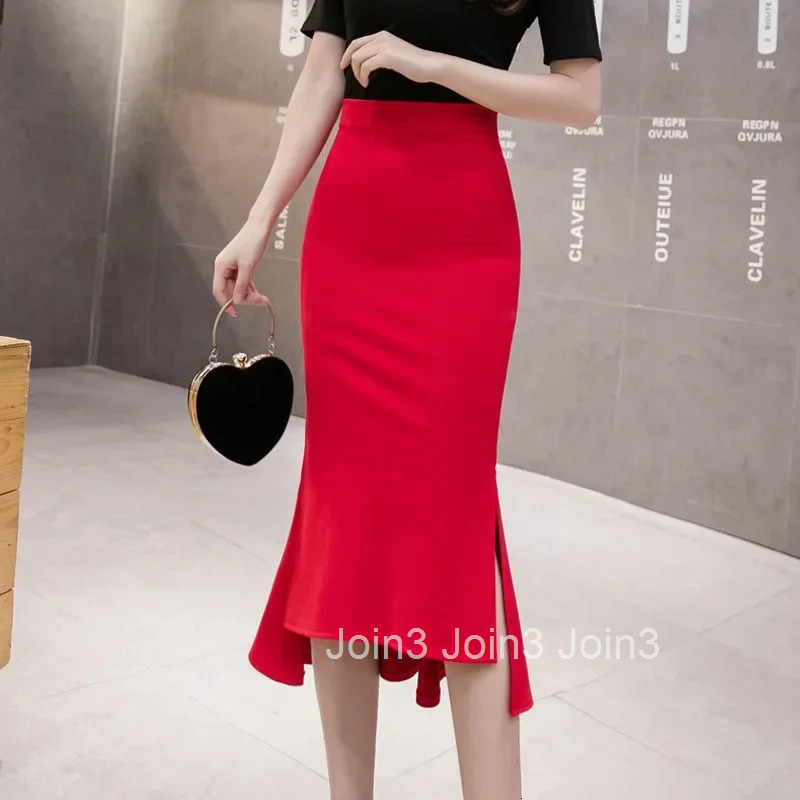 Midi High Waist Tight Skirts for Women with Slit Ruffle Woman Skirt Wrap 2025 Trend Harajuku Y2k Vintage V New in Premium Summer