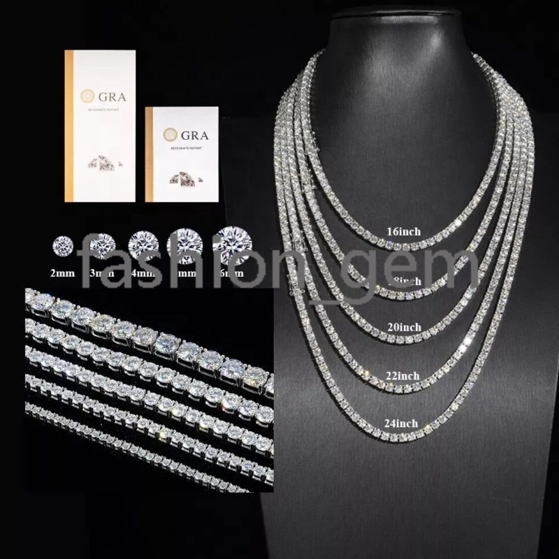 Hiphop Iced Out Tennis Necklace 925 Sterling Silver 2mm 3mm 4mm 5mm VVS Moissanite Tennis Chain