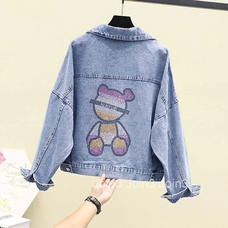 Cowboy Coat Woman Spring Autumn With Rhinestones Diamonds Sequin Small Denim Jacket for Women Short Crop 2025 Models Cheap Trend