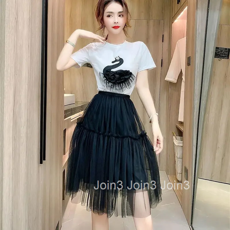 2 Pieces Sets For Women Beach Skirt Kawaii Short Sleeve Vintage Korean Style Promotion Clothing Trend 2025 Luxury Woman Outfit