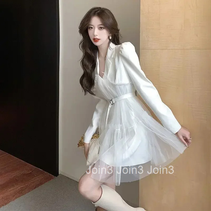 Splicing Female Dress Black White Elegant and Pretty Casual Youth One Pieces Korean Style Aesthetic Womens Long Sleeve Dresses