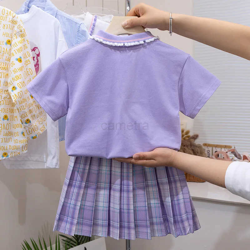 Sanrio Summer Kuromi Childrens Suit Academy Style Lapel Shirt Pleated Skirt 2Pcs Girl Sanrio Cartoon Kawaii Jk Uniform Birthday GiftXJ250618