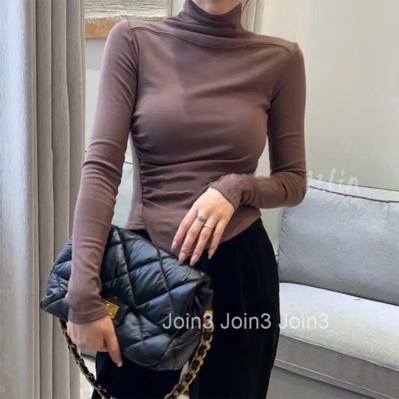 Black Womens T Shirts 2025 Turtleneck Female Tops Tshirts Crochet Knitted Brown Plain Clothes Causal Trend Fine Elegant O