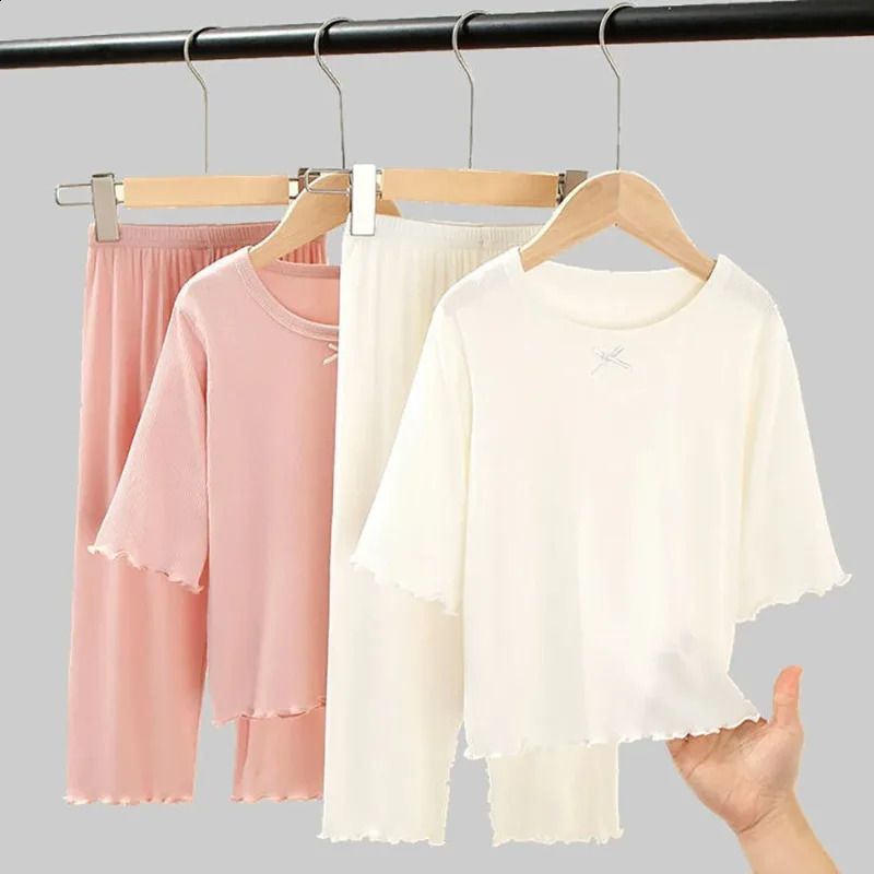Girls Ice Silk Set Thin Children Homewear Clothes Summer Kids Air Conditioning Short Sleeve Children Sets Girl Pajamas Outfit 250617