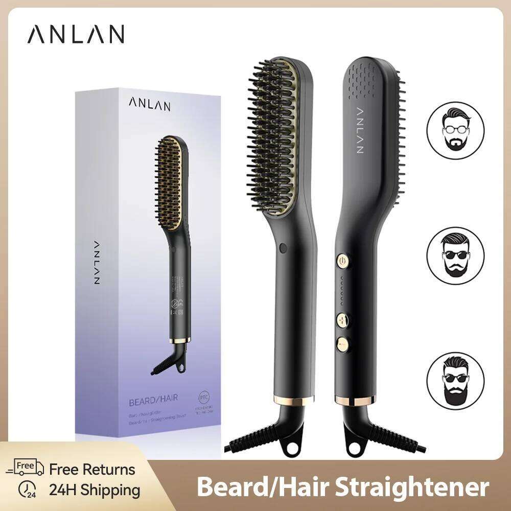 ANLAN Straightening Brush Hot Heated Men Beard Multifunctional Straightener Ceramic Comb Quick Hair Styler