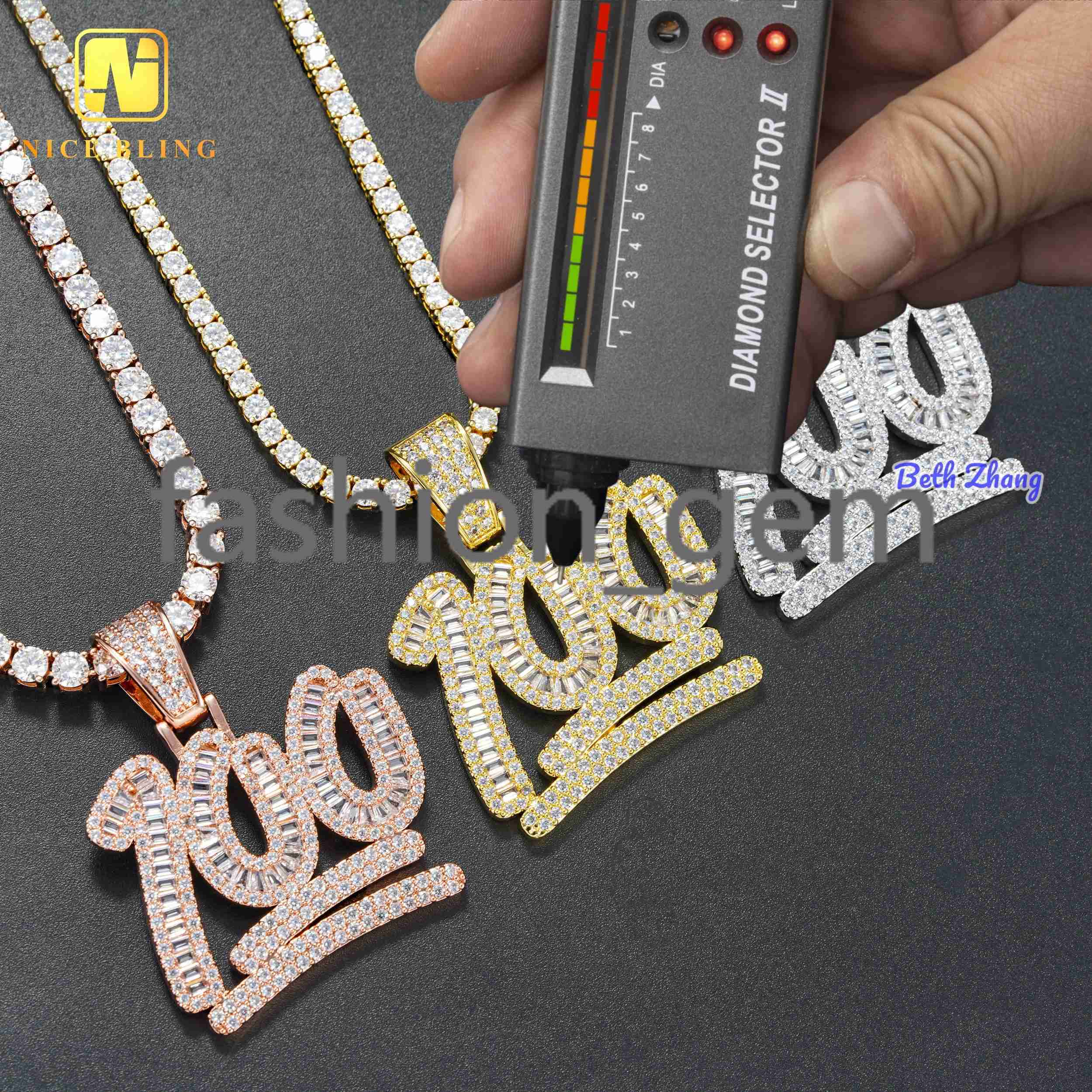 Pass Diamond Tester Custom Hip Hop Jewelry 100 Points Iced Out Number Pendant 925 Silver baguette Moissanite Diamond Pendant