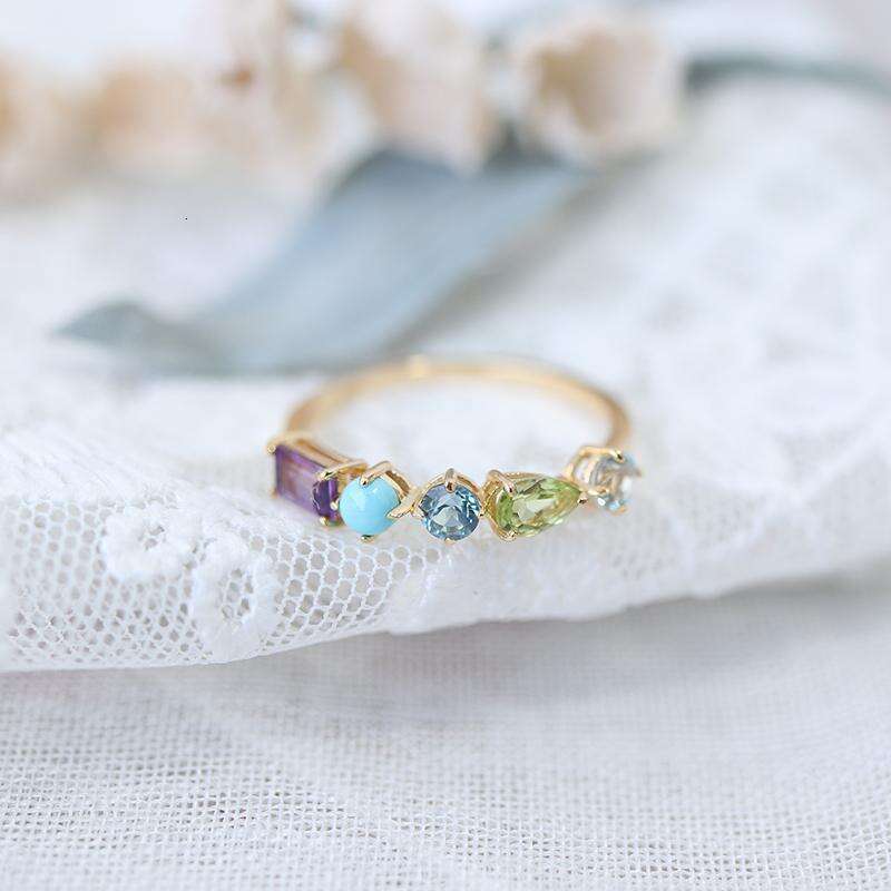 Natural Olivine Turquoise Blue Topaz Amethyst Geometric Ring Adjustable Gold Plated