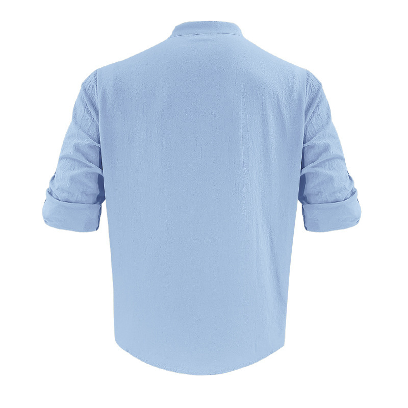 designer t shirt Men's Hawaiian long-sleeved shirt with cotton and linen stand-up collar, breathable Henry collar, casual long-sleeved top Europe
