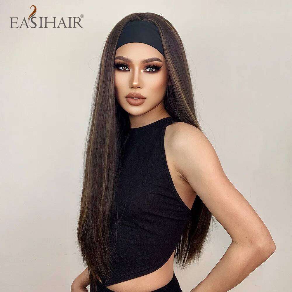 EASIHAIR Synthetic Long Straight Brown Highlight Golden Headband Wigs for Black Women Daily Cosplay Heat Resistant
