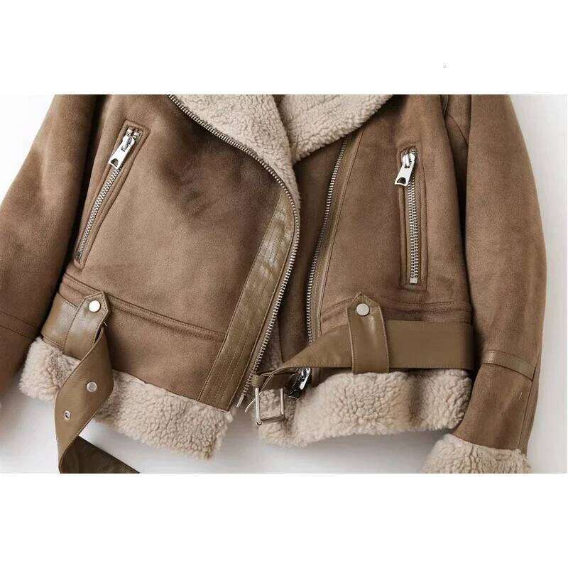 Women Winter Faux Shearling Sheepskin Fake Jackets Lady Thick Warm Suede Lambs Short Motorcycle Brown Coats Leather