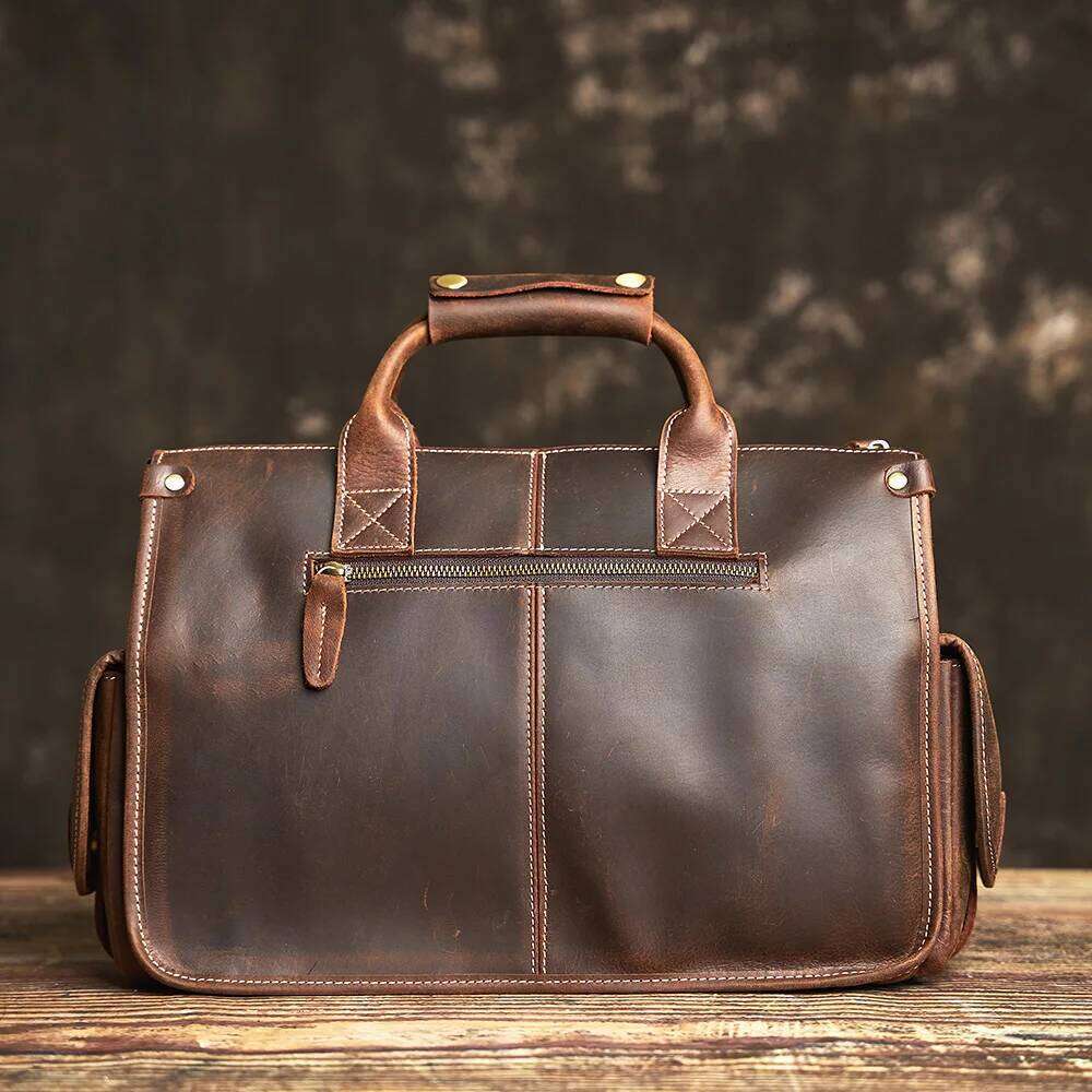 NUPUGOO Vintage Genuine Men's Briefcase Crossbody Bag Crazy Horse Leather Handbag With 16-Inch Laptop