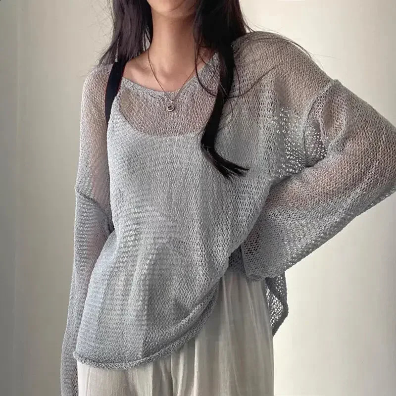 Women Hollow Out Sexy Loose Shirts Knit Lantern Sleeve Casual Tops Beach Mesh Chic Tees For Women Autumn Winter 250614