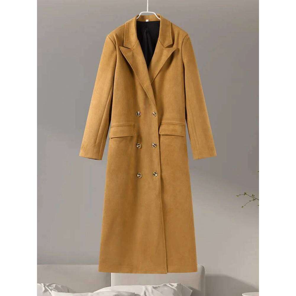 Elegant Suede Leather Women Long Windbreaker Coats Chic Lapel Double Breasted Lady Oversized Jackets 2024 Autumn Street Outwears