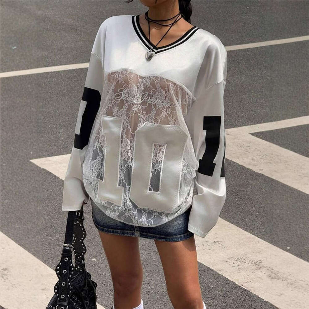 Summer New Women's Fashion Personality Trendy Printed Lace Sheer V-Neck Sweatshirt B5