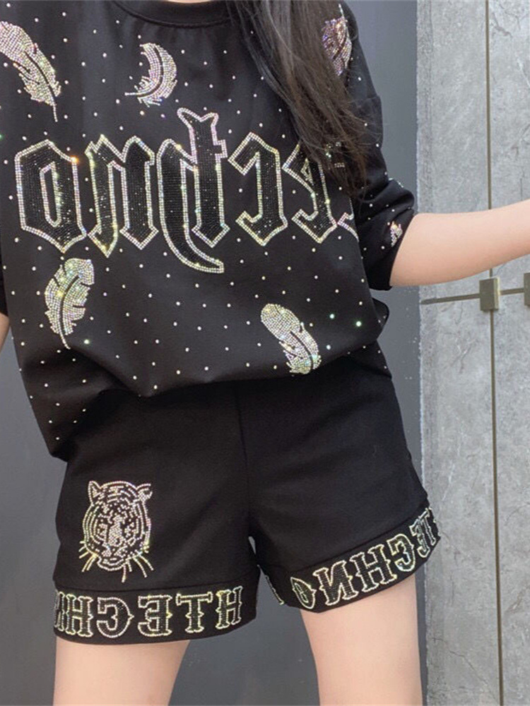 Diamond studded women's elastic waist versatile shorts, women's summer high waist slimming Roman cotton wide leg hot pants