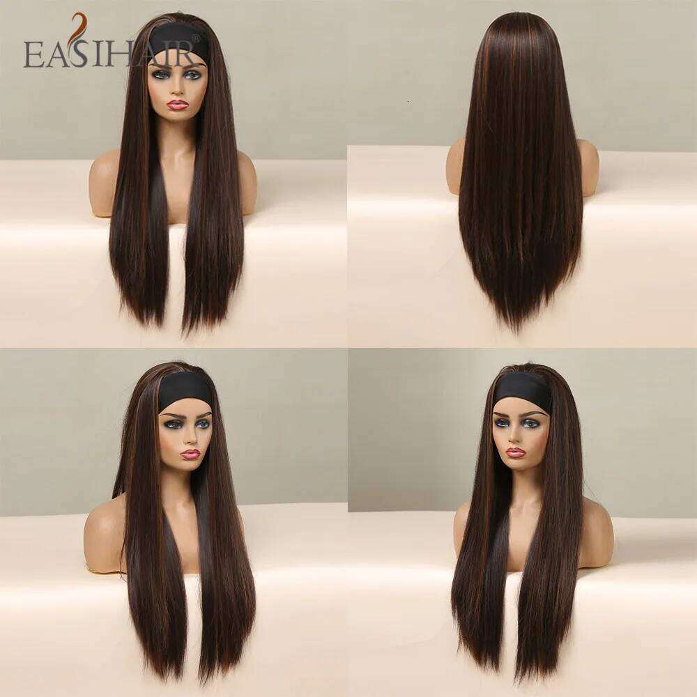EASIHAIR Synthetic Long Straight Brown Highlight Golden Headband Wigs for Black Women Daily Cosplay Heat Resistant