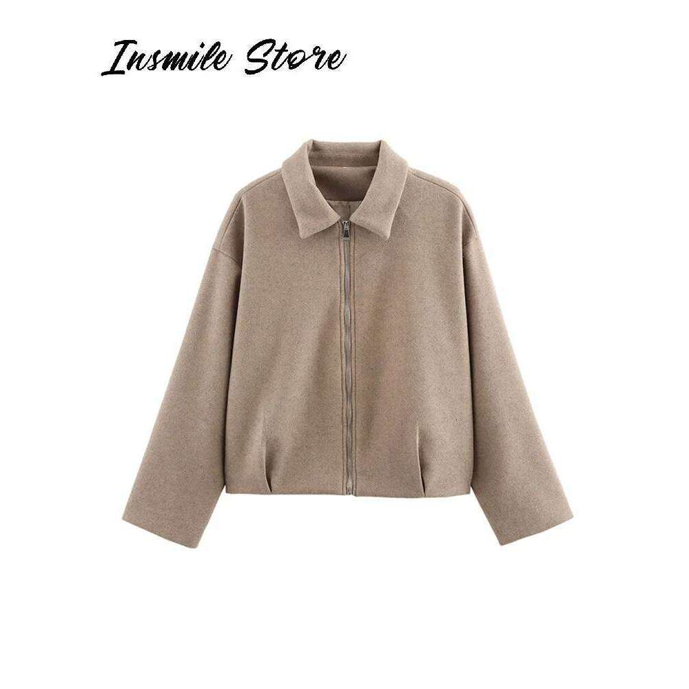 Vintage Khaki Women Short Coat Lapel Long Sleeve Zipped Pleated Loose Female Jacket 2025 Spring New Fashion Street Lady Jackets