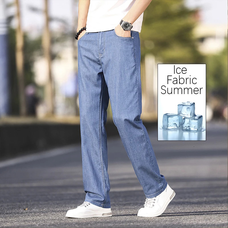 Summer Thin Mens Elastic Cotton Jeans Fashion Blue Comfortable Business Straight Casual Pants Male Clothes Trousers jeans 250617