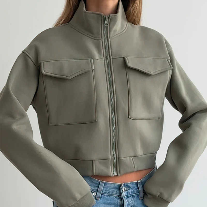 Women's casual fashion European and American style pure color zip-up jacket with pockets and long sleeves for ladies.