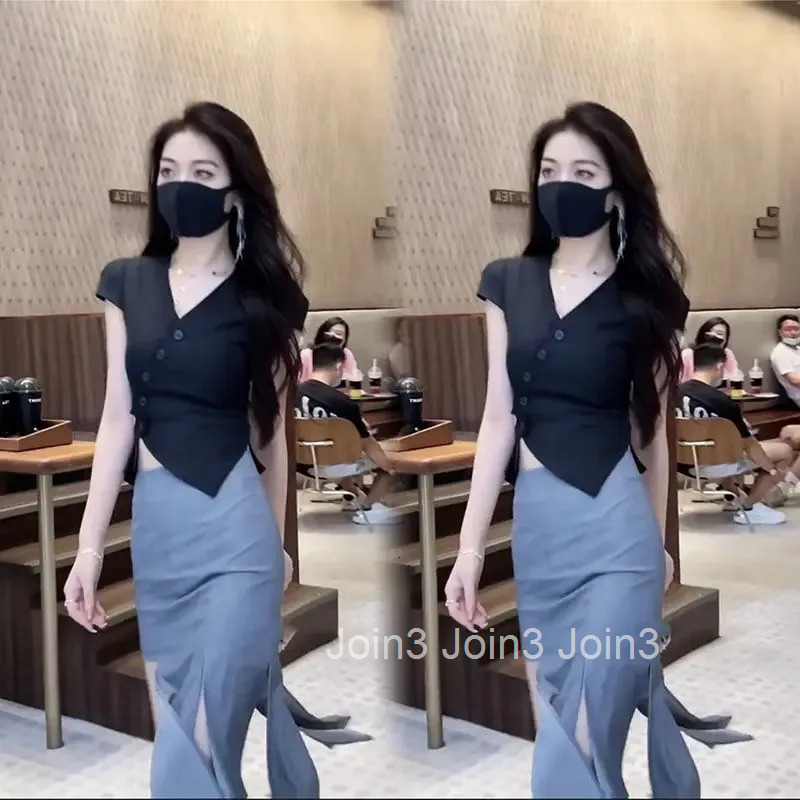 Slit Skirt Short Sleeve 2 Pieces Sets for Women Sexy Woman Outfit Clothing Trend 2025 The New Function of Matching Korea Co Ord