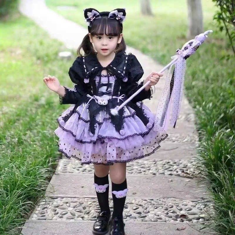 Sanrio 2024 Autumn Girl Kuromi Lolita Strap Dress Princess Glowing Skirt Support Rear Tail Little Coat Safety Trousers Halloween ClothXJ250618