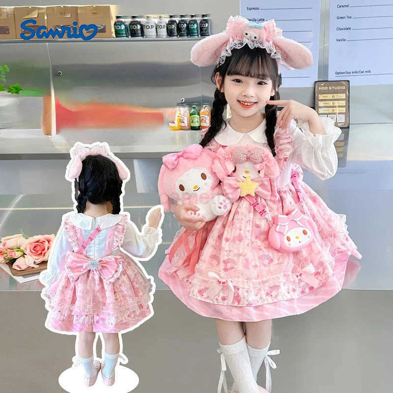 Sanrio 2024 Sanrio Cosplay Melody Lolita Princess Dress Summer Childrens Costume Dress Puffy Skirt Suit Cute Girl Birthday Kawaii Gift XJ250618