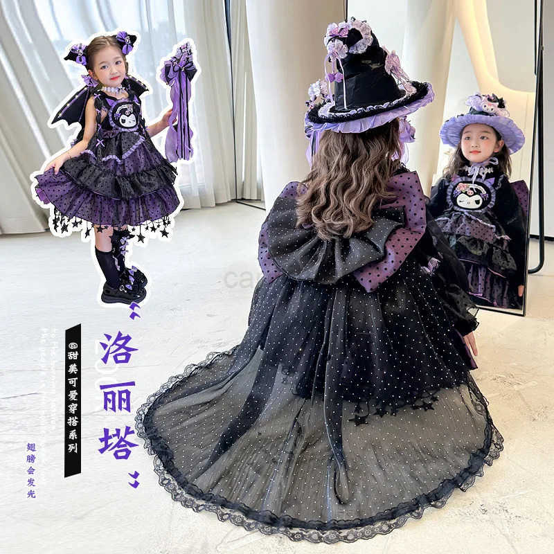 Sanrio Halloween Kuromi Dress Girls Dress 2024 New Autumn/Winter Collection Childrens Elegant Birthday Princess Dress TailXJ250618