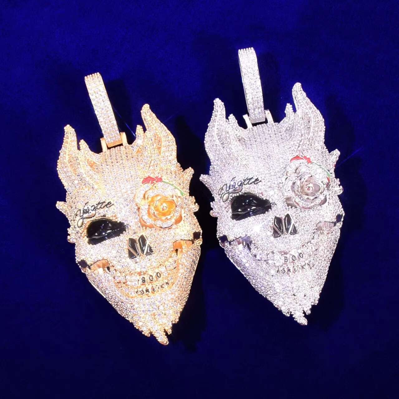 18K Yellow 14K White Gold Hip Hop Demon Skull Rose Flower Eye Pendant Personalidade Moissanite Iced Necklace Charms