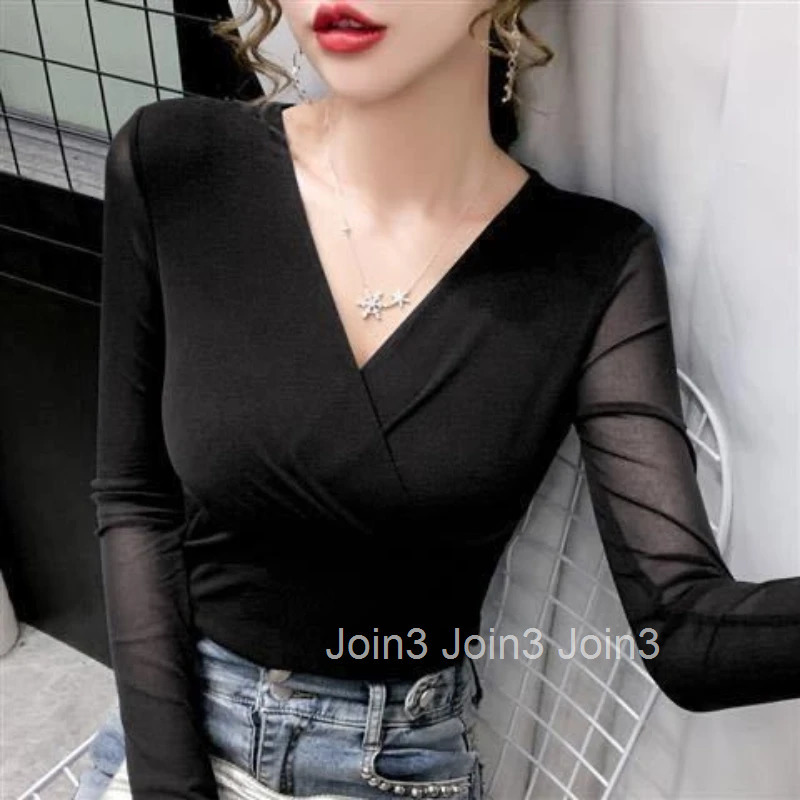 Green Sexy Tshirts 2025 Female Tops Womens T Shirts V Neck Purple Korean Style Clothes Luxury High Quality Long Sleeve Alt Tees