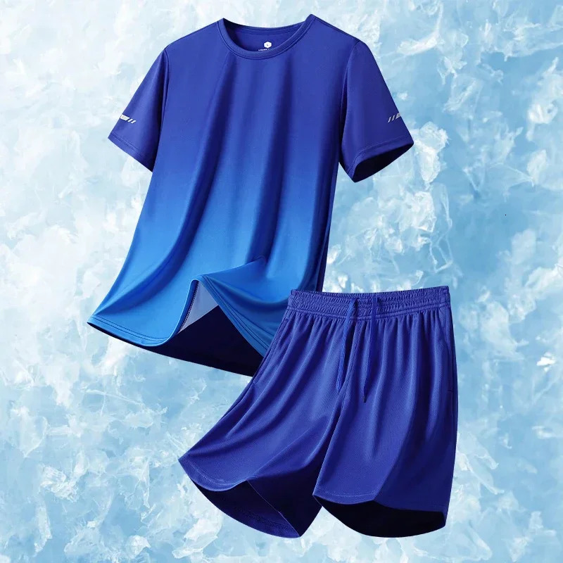 Men Running Fitness Thin Short 2-piece Set Summer Ice Silk Gradient Tracksuit Men Sports Suit Short Sleeve T Shirt Shorts Sets 250617