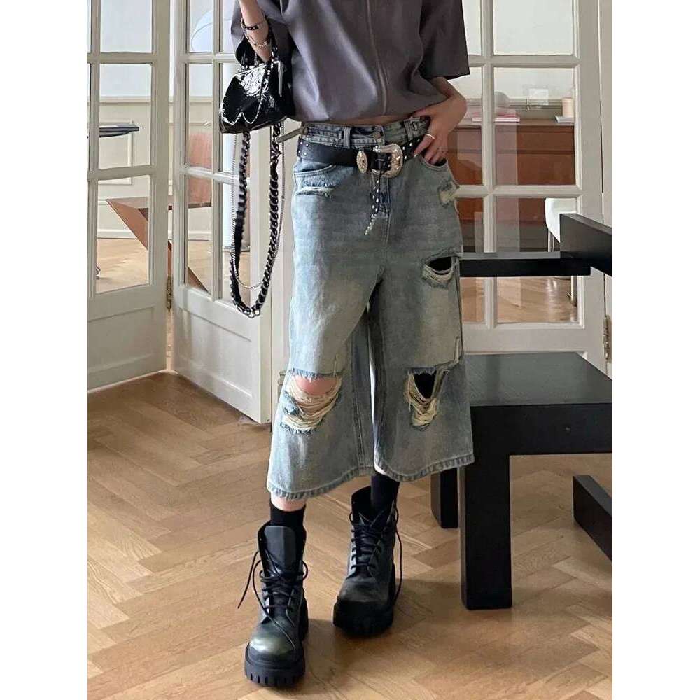 Wear HOUZHOU Vintage Blue Ripped Short Jeans Women Oversized Distressed Jorts Y2k Grunge Baggy Boyfriend Denim Shorts Wide Streetwear