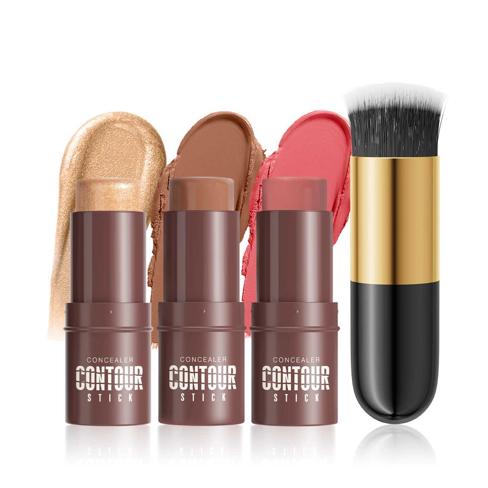 Contour Stick Set with Highlighter Blush Bronzer Plus Golden Powder Brush - Waterproof Cream for All Tones Medium Coverage XJ250618