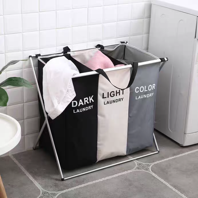 Foldable dirty clothes basket storage box X-shaped printing foldable three-grid household laundry basket classification storage basket laundry basket 