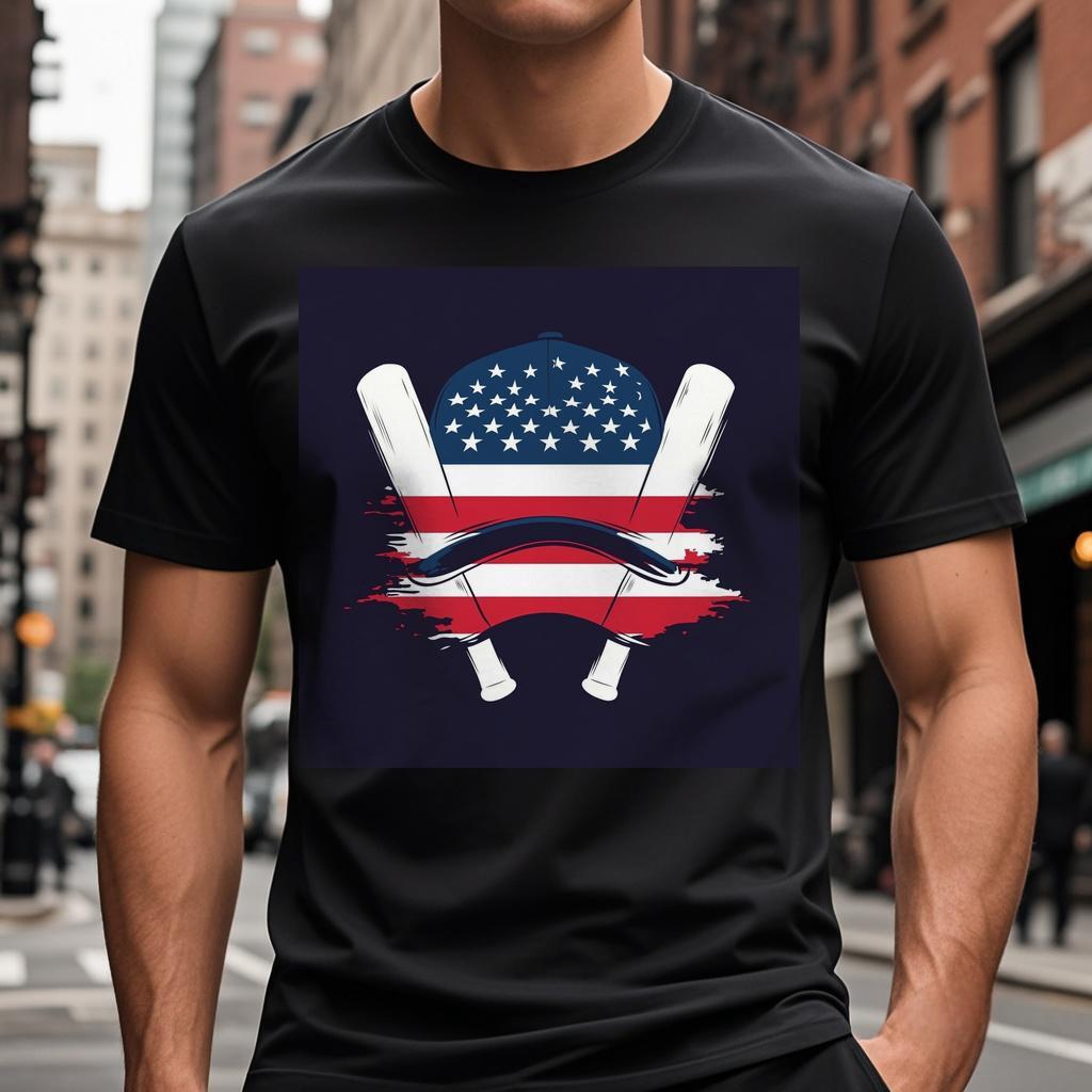 a T-shirt with an american flag and hockey sticks on it S-3XL Round collar