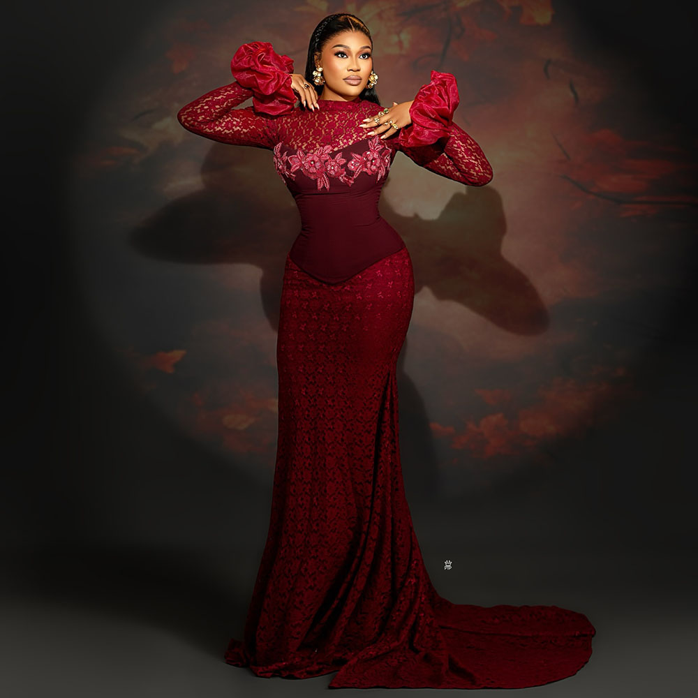 Red Evening Dresses Long Sleeves Lace African Mermaid Party Dress Occasion Prom Dress Customized