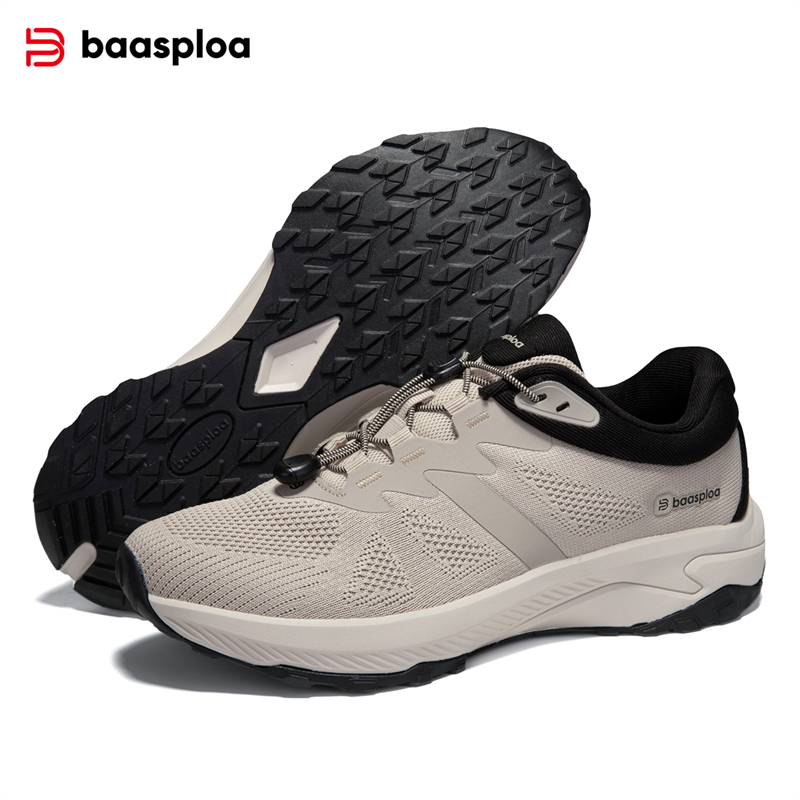 Baasploa Men Casual Shoes Knitted Breathable Elastic Buckle Sneakers Lightweight Non Slip Male Walking Outdoor Hiking Shoe