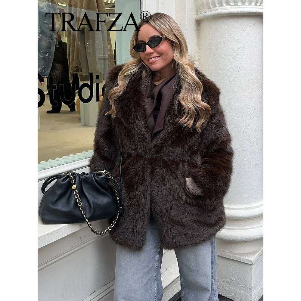 TRAFZA Winter Coat Woman Trendy Solid Turn Down Collar Long Sleeves Belt Decoration Female Vintage Thick And Warm Outerwear