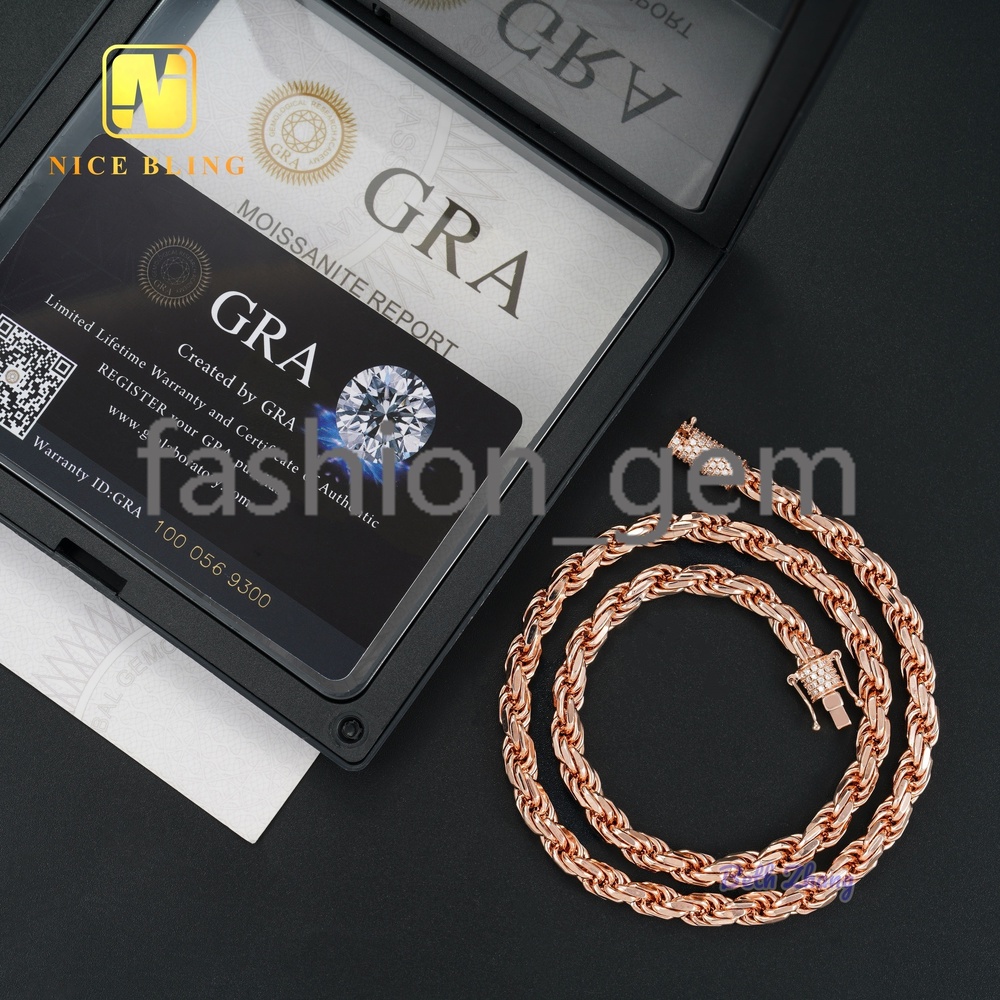 VVS Moissanite Clasps Sterling Silver Rope Chains18k Gold Plated Hiphop Fashion Men Women 6mm Moissanite Rope Chain