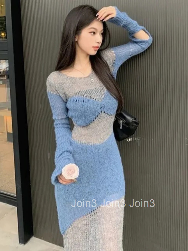 Knit Womens Dresses Sexy Daring Female Dress Maxi Hollow Out Robe Clothing Bodycon Evening Colorblock Crochet Long New In
