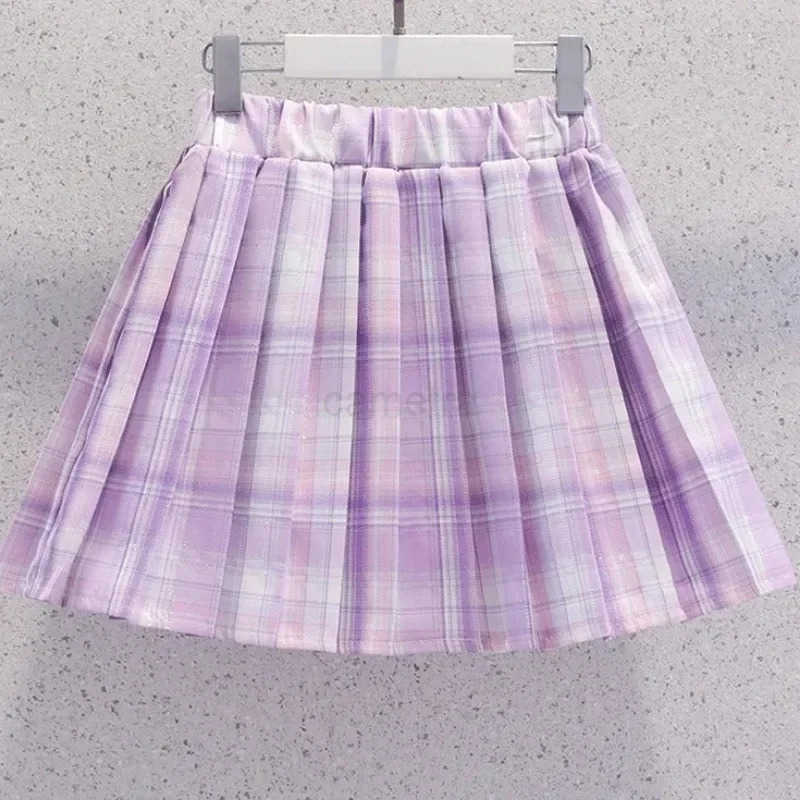 Sanrio Children Sanrio Kuromi Skirt Suit Summer Teen Girls Short-Sleeved Cartoon T-shirt Tops+Plaid Pleated Skirt 2Pce Set Preppy DressXJ250618