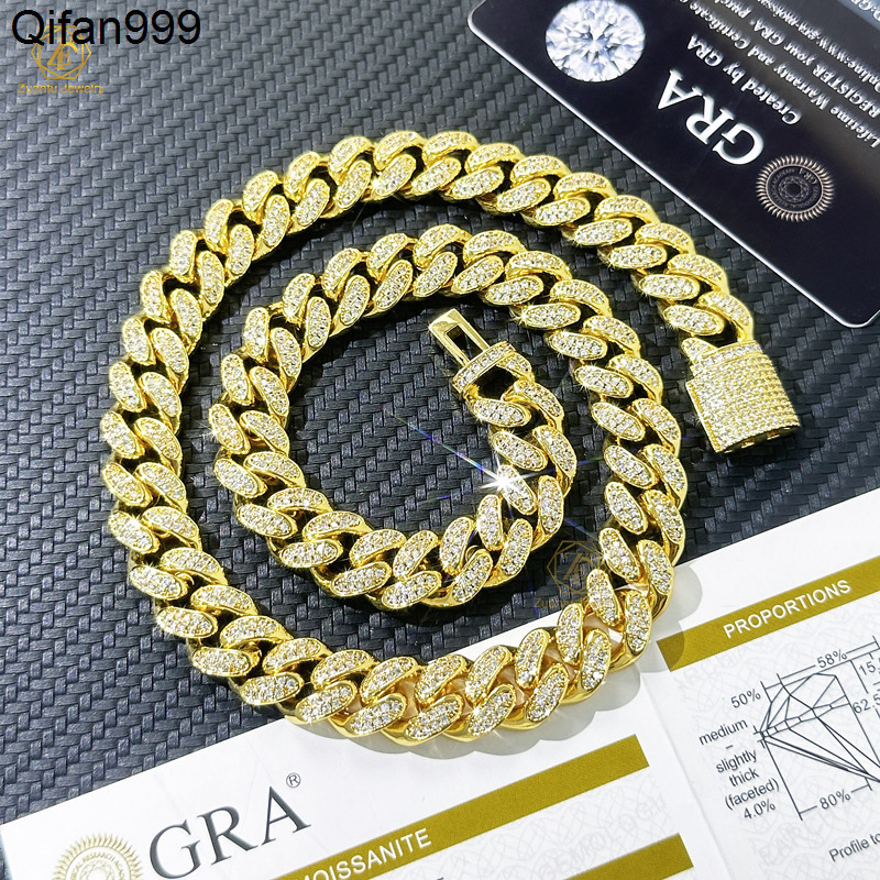 Hip Hop Jewelry Customization Cuban De 10mm 10k 14k 18k Gold Mossinate Diamond Cuban Chain 2 Row Stone Miami Cuban Link Chain
