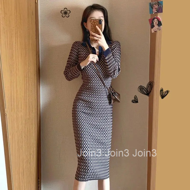 Colorblock Plaid Crochet Woman Dress Bodycon Knitted Maxi Evening Robe Clothes Dresses For Women Long Cheap With Elegant Classy