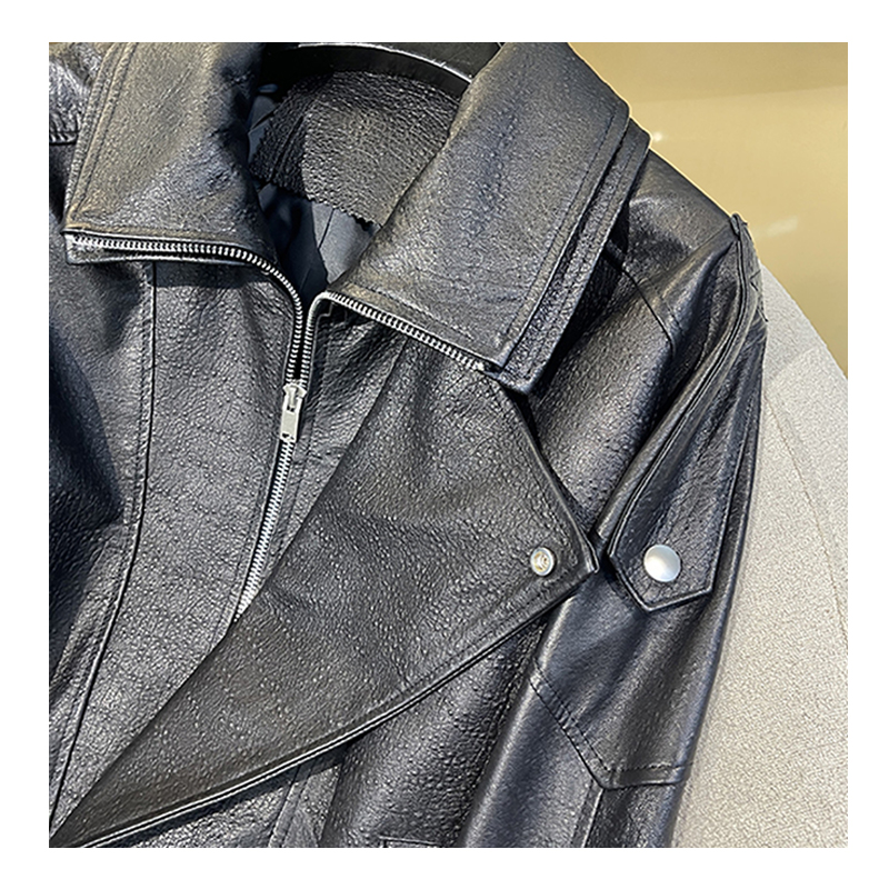 Cross border leather jacket, women's spring and autumn short style motorcycle style PU leather lapel jacket, slim fit leather jacket
