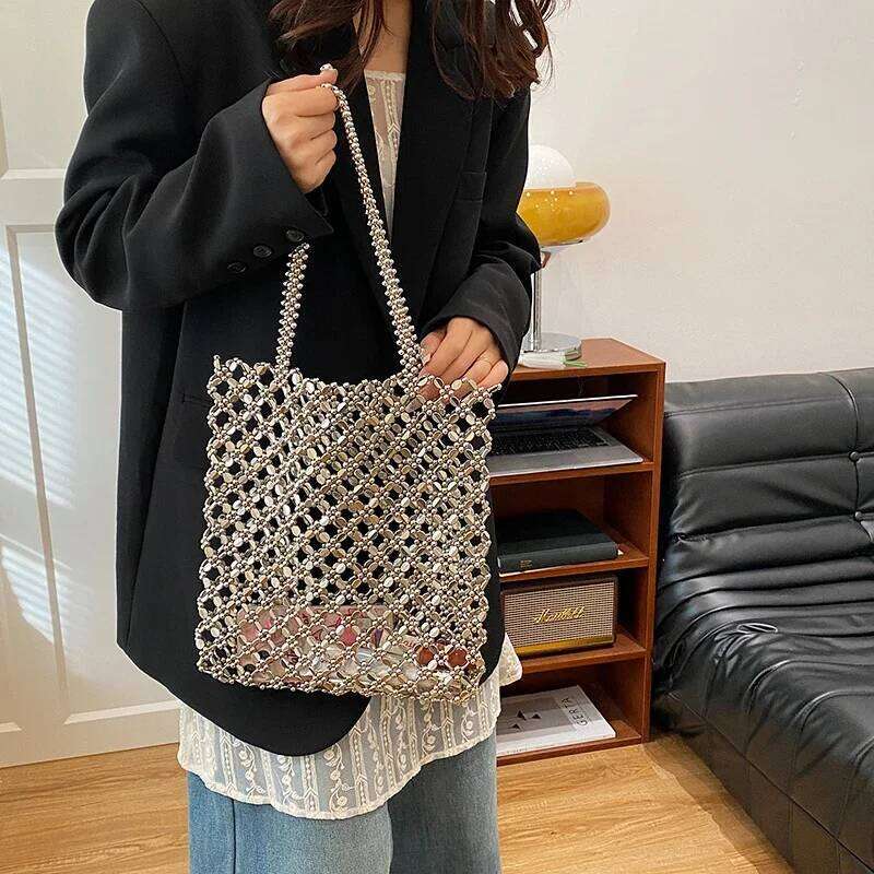 European and American Shoulder Shiny Sier Crystal Handbag Hollow Out Beach Lady Designer Underarm Shopper Bag