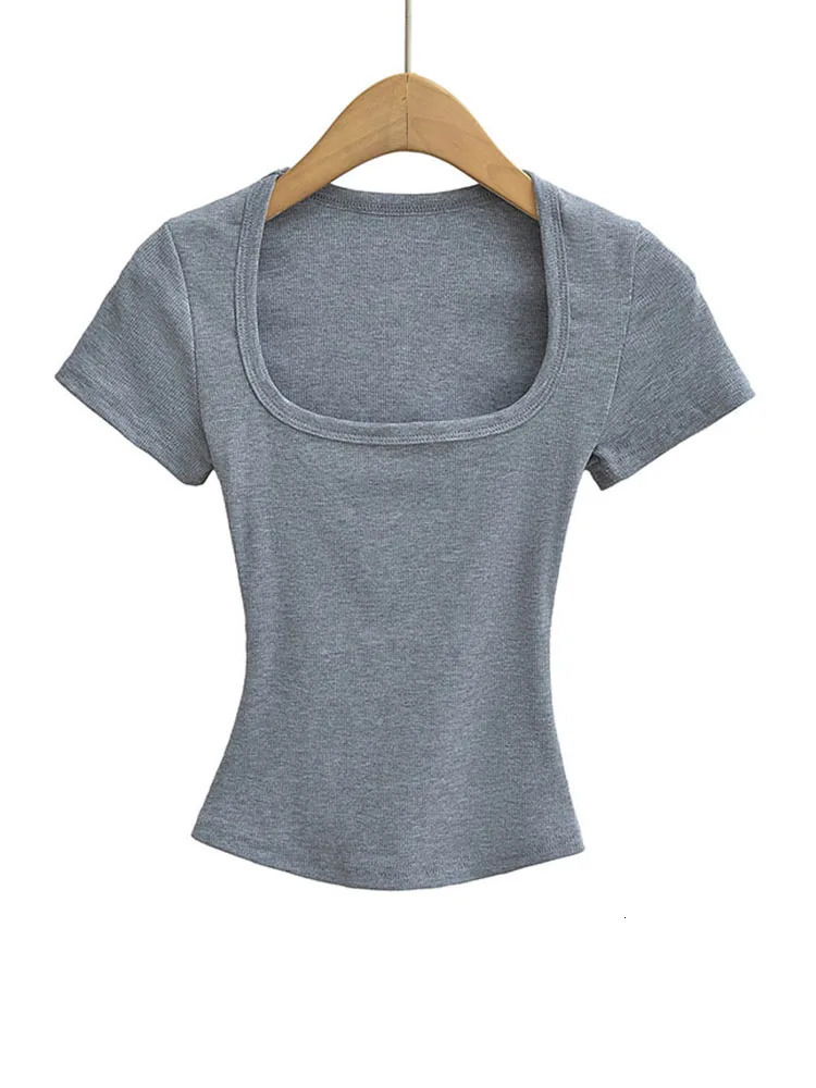 Summer square neck high elasticity crop top womens short sleeved sexy top slim fit pullover base shirt 250618