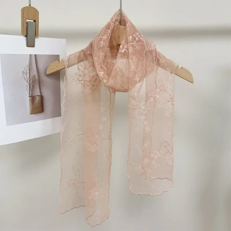 Summer 1PC Women Lace Long Scarf Embroidered Flower Long Silk Female Korean Version Literary Retro Versatile Decorative Shawl 250618