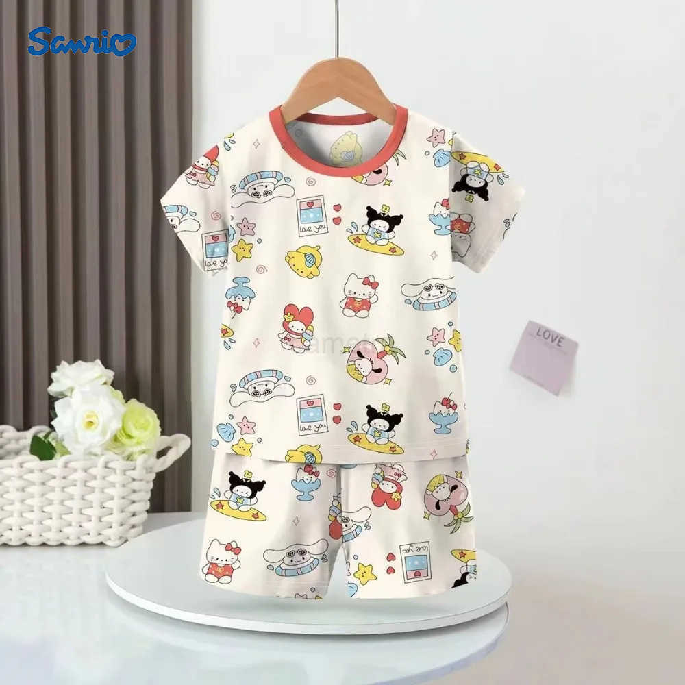 Sanrio Anime Sanrios Children Pajama Kuromi Hello Kitty Melody Kids Cartoon Kawaii Boy Girl Long Sleeve Pants Summer Home Wear XJ250618XJ250618